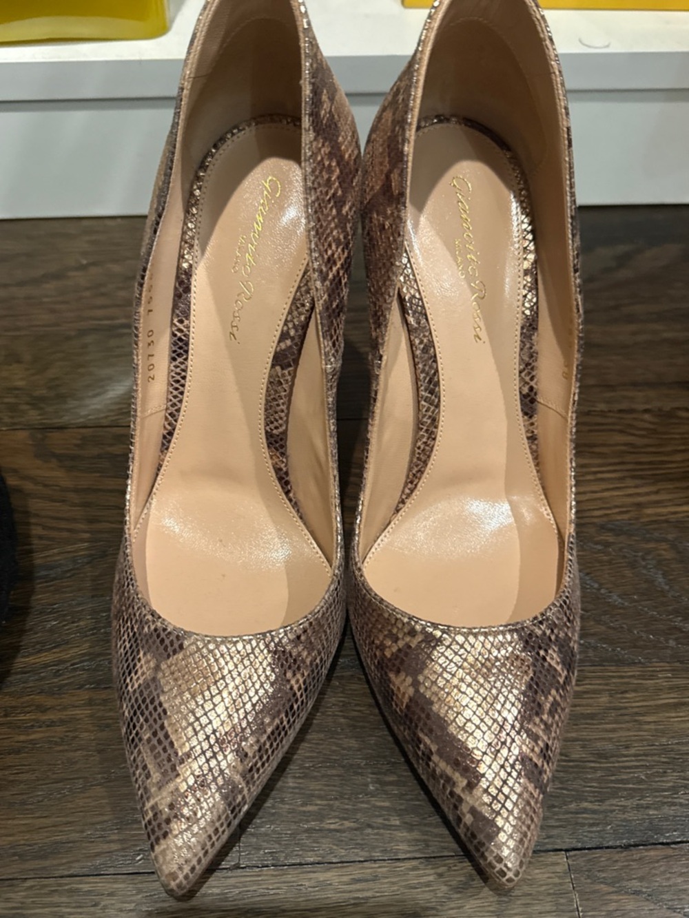 Gianvito Rossi Metallic Snake-Print Pointed Toe Pumps in Brown and Gold